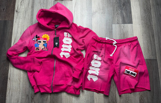 Patch Work Hoodie & Shorts Set (Pink)